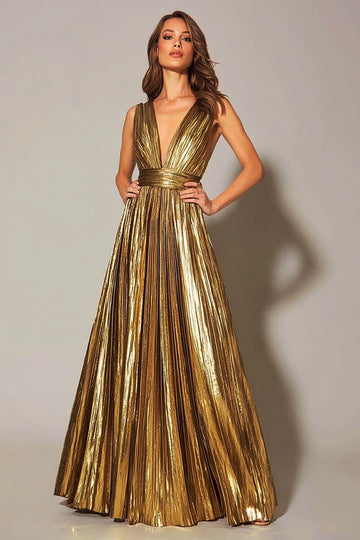 Pleated V-Neck A-Line Long Gold Formal Dress